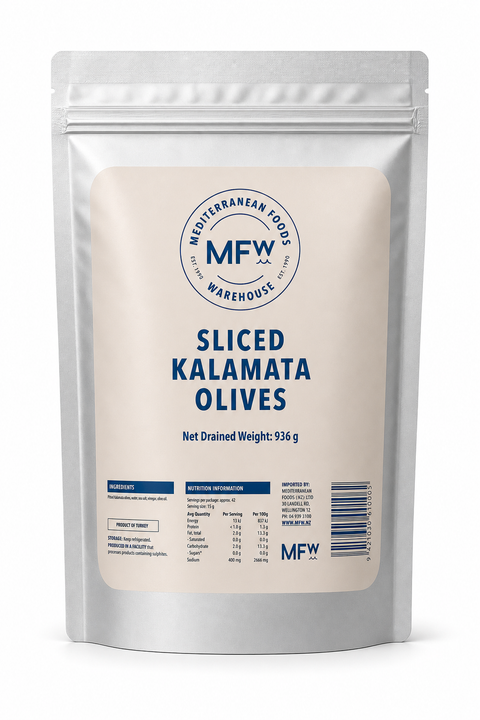 KALAMATA STYLE OLIVES SLICED in Pouch (NDW 936g)